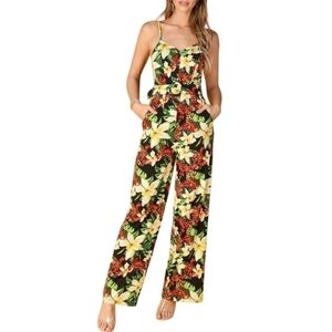 Lucen | Women's Black Hawaiian Print Spaghetti Straps Belted Jumpsuit (Size XL)